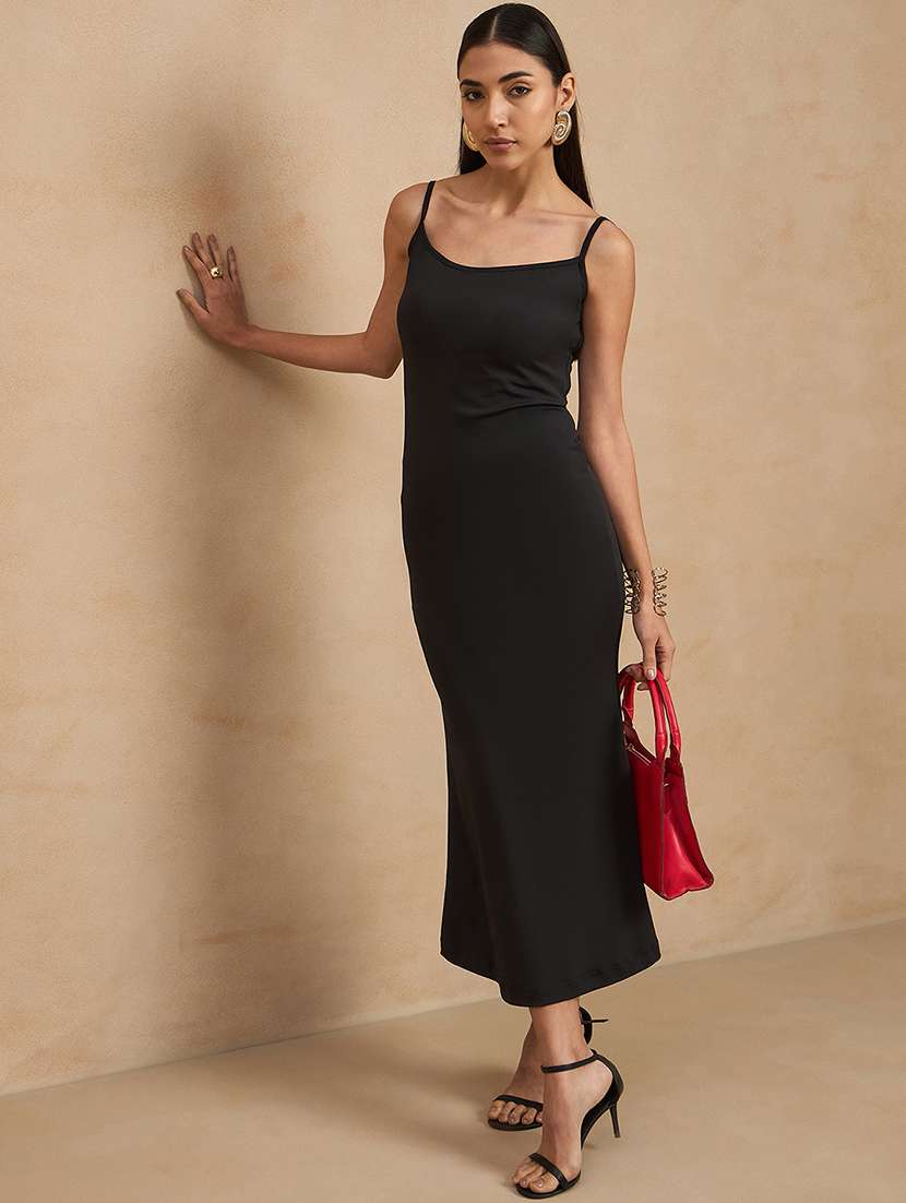 women solid shoulder strap backless bodycon maxi dress