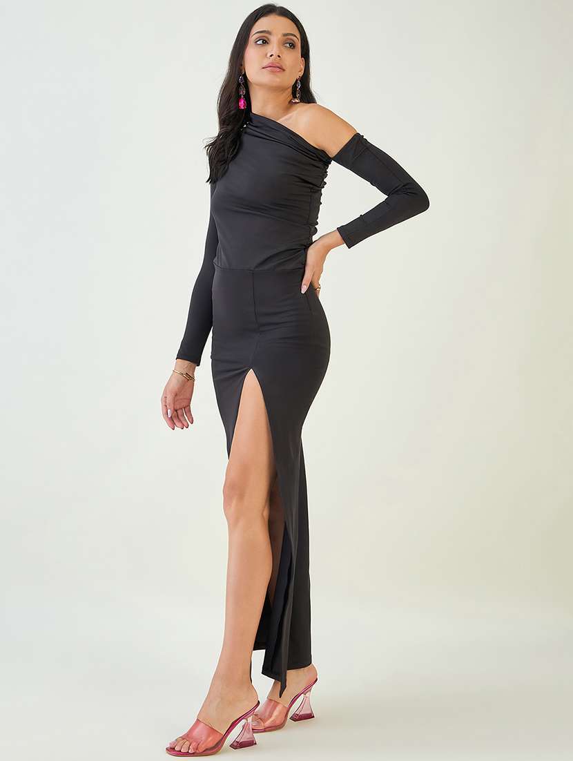 women solid single shoulder high slit dress - 21909172 - Standard Image - 1