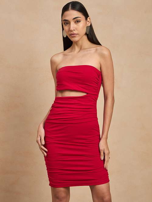 women solid cut out tube ruched dress - 21909177 - Standard Image - 0
