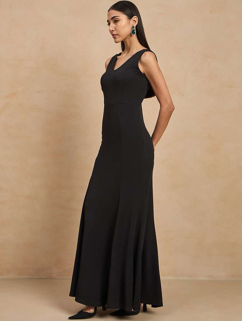 women black solid sleeveless a-line dress - 21909182 - Standard Image - 1