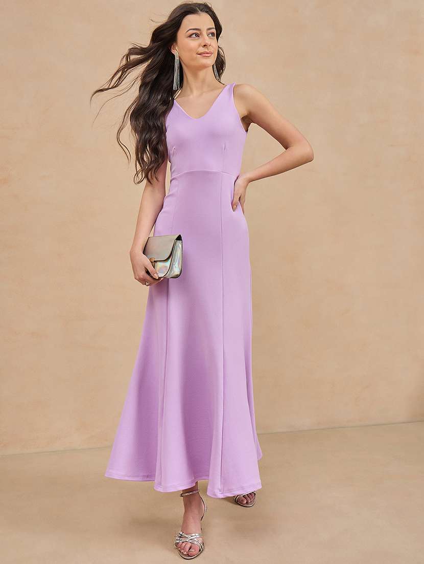 women lavender solid sleeveless a-line dress