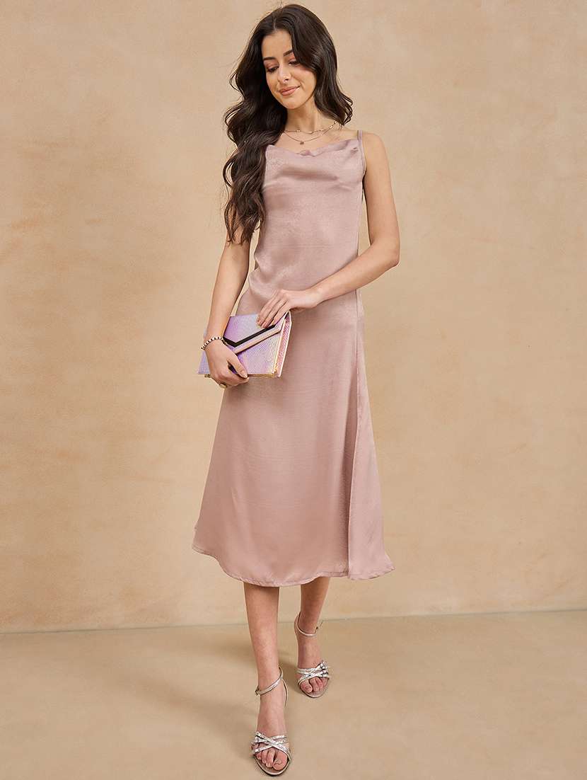 women solid cowl neck shoulder strap a-line dress - 21909193 - Standard Image - 4