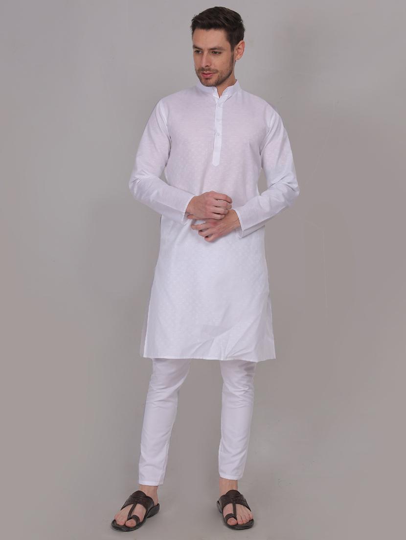 men solid long sleeves kurta trouser set