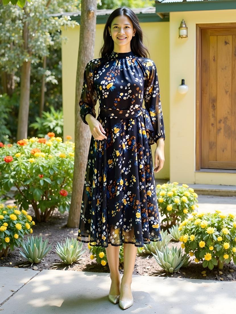 women floral printed bishop sleeve fit & flare dress - 21909329 -  Zoom Image - 0