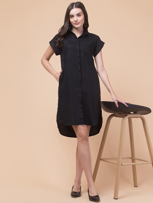 women solid collared high low shirt dress - 21909337 -  Standard Image - 0