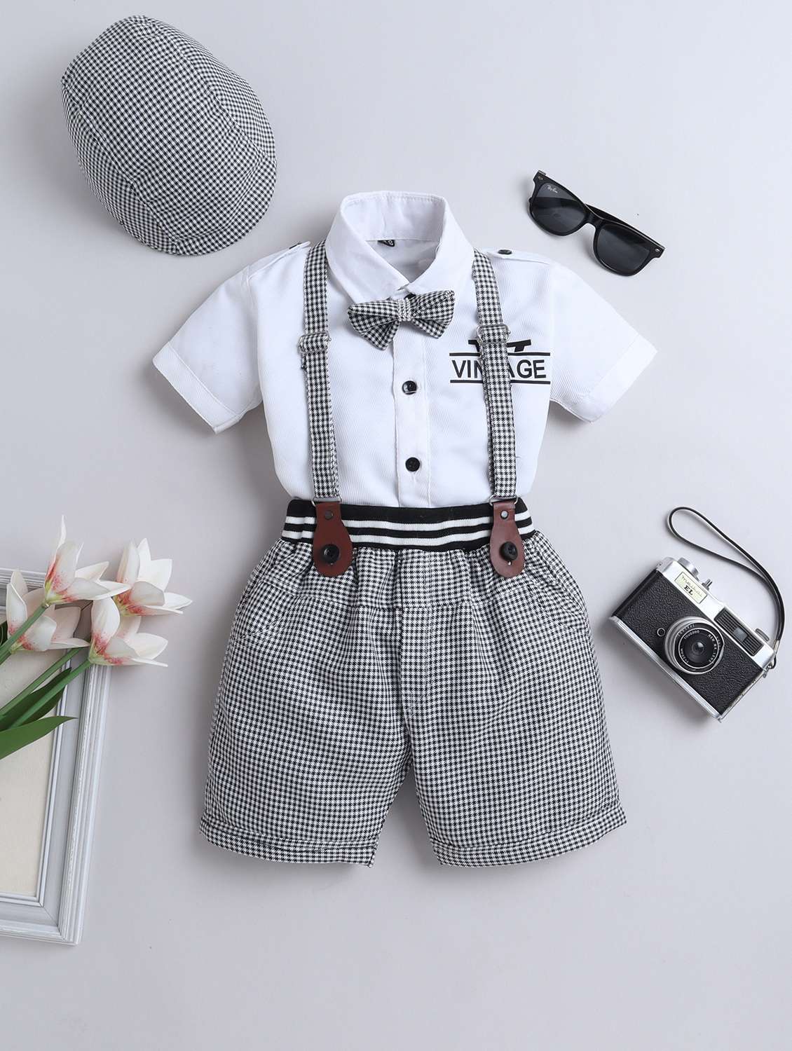 boys checkered shirt & shorts with cap set