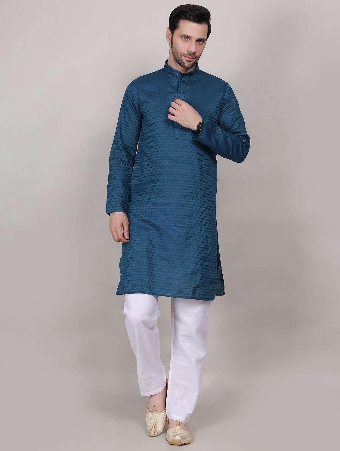 men self design mandarin neck kurta with trousers ethnic wear set