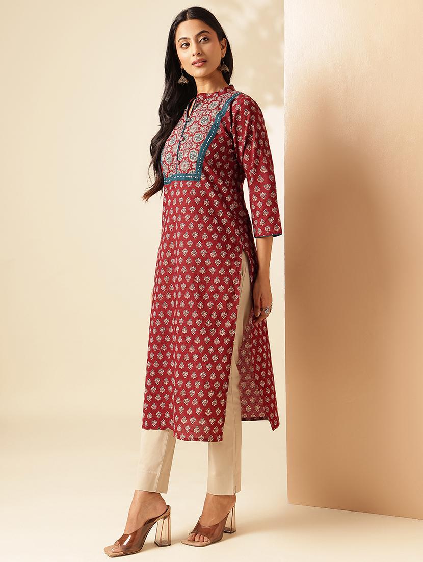 women three quarter sleeve straight kurta - 21909587 - Standard Image - 1