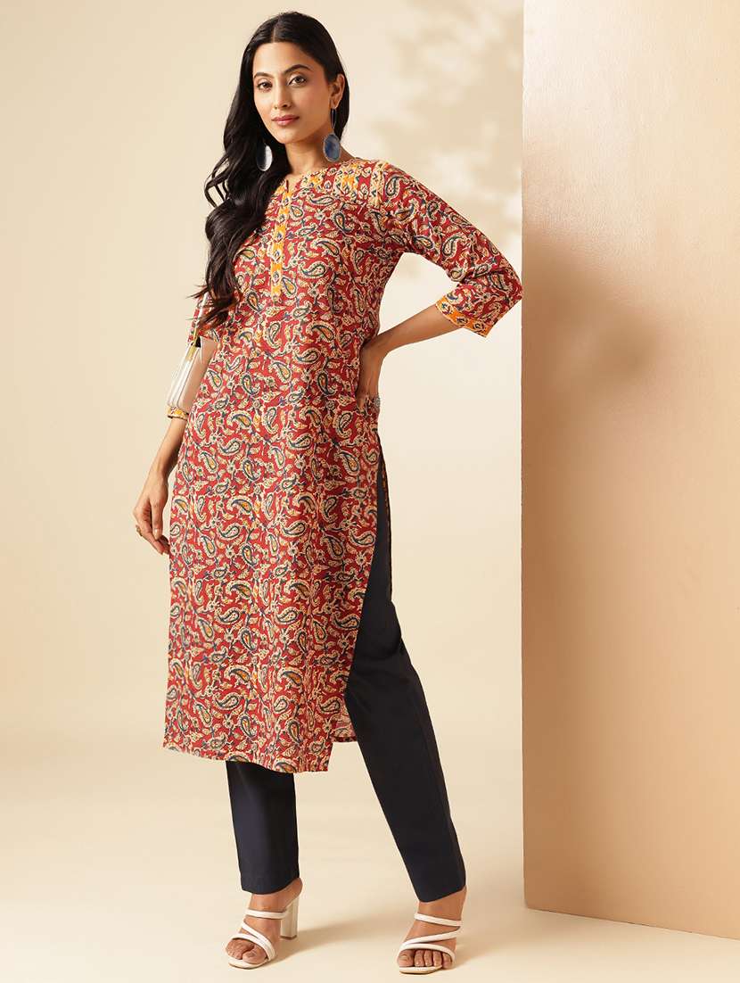 women three quarter sleeve straight kurta - 21909589 -  Standard Image - 1