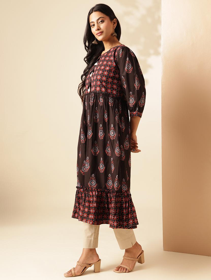 women printed three quarter sleeve tiered kurta - 21909591 -  Standard Image - 1