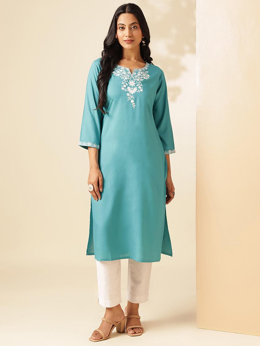 women embroidered three quarter sleeve straight kurta