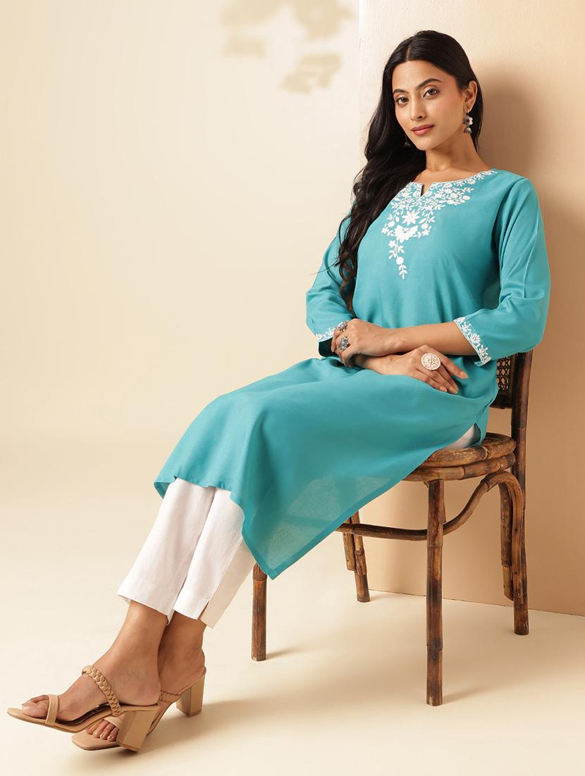 women embroidered three quarter sleeve straight kurta - 21909592 -  Standard Image - 1