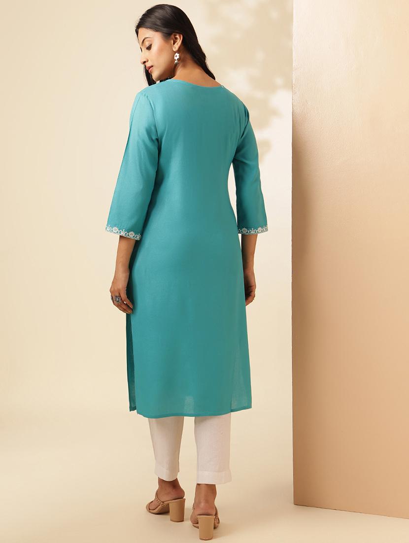 women embroidered three quarter sleeve straight kurta - 21909592 - Standard Image - 4