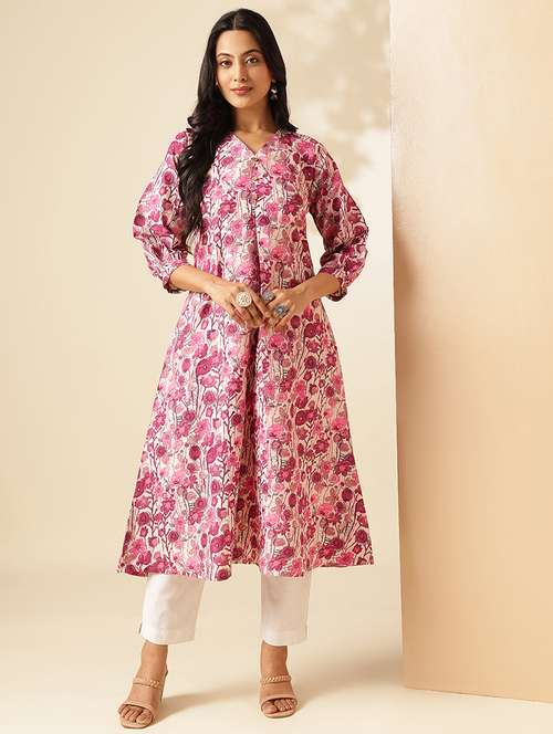 women pink three quarter sleeve a-line kurta - 21909597 - Standard Image - 0