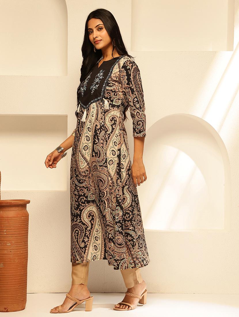women paisley three quarter sleeve a-line kurta - 21909599 - Standard Image - 1