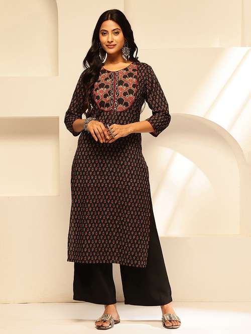 women embroidered three quarter sleeve straight kurta - 21909605 -  Standard Image - 0