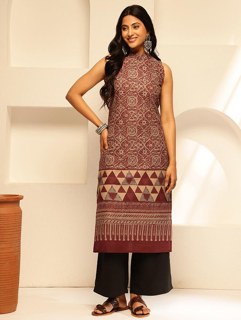 women printed sleeveless straight kurta - 21909607 -  Standard Image - 1