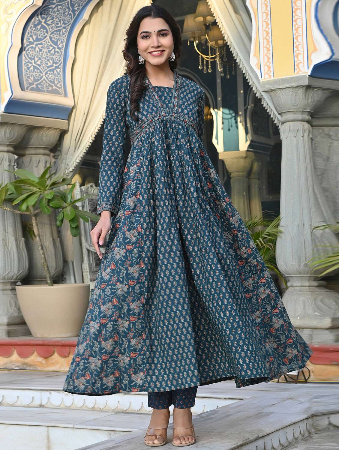 women floral printed long sleeve flared ethnic dress