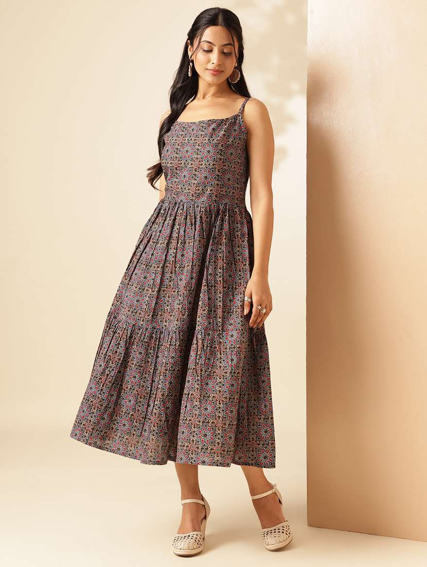 women printed shoulder strap fit & flare ethnic dress