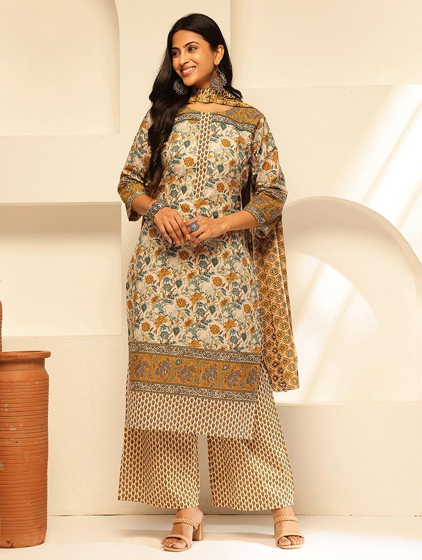 women three quarter sleeve kurta palazzo with dupatta set - 21909938 -  Standard Image - 1