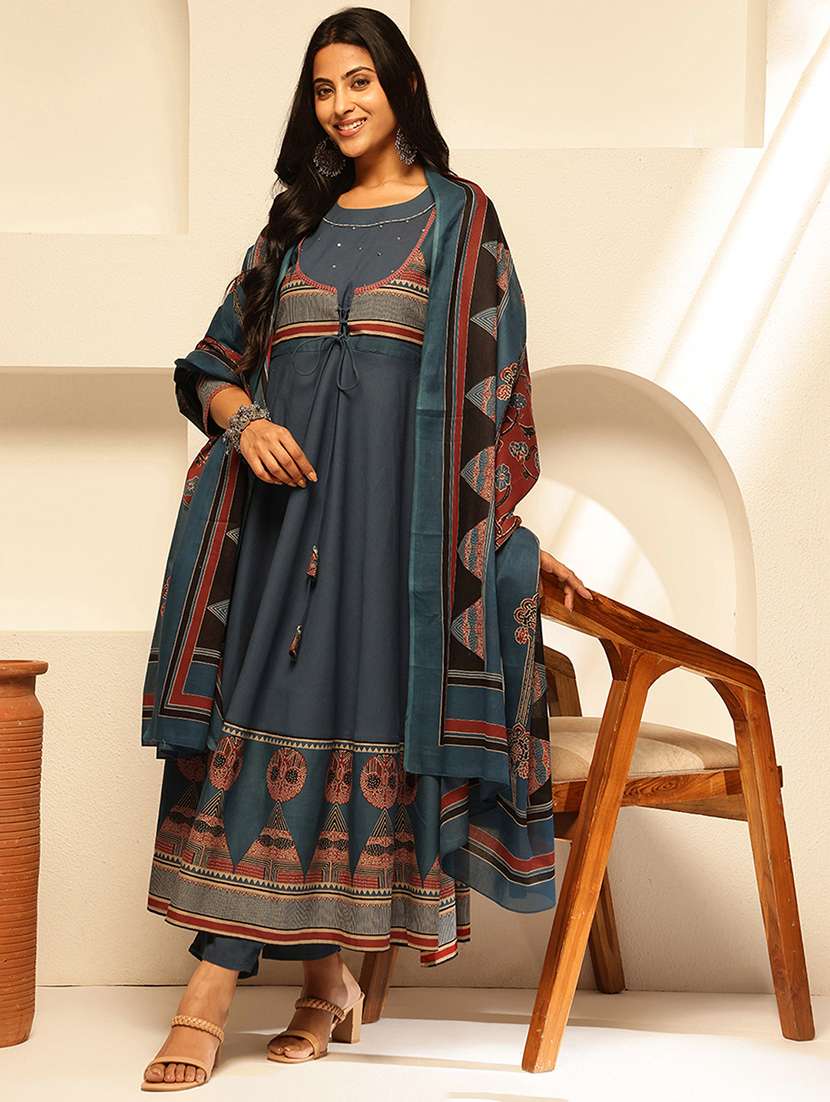 women three quarter sleeve anarkali kurta pant with dupatta set