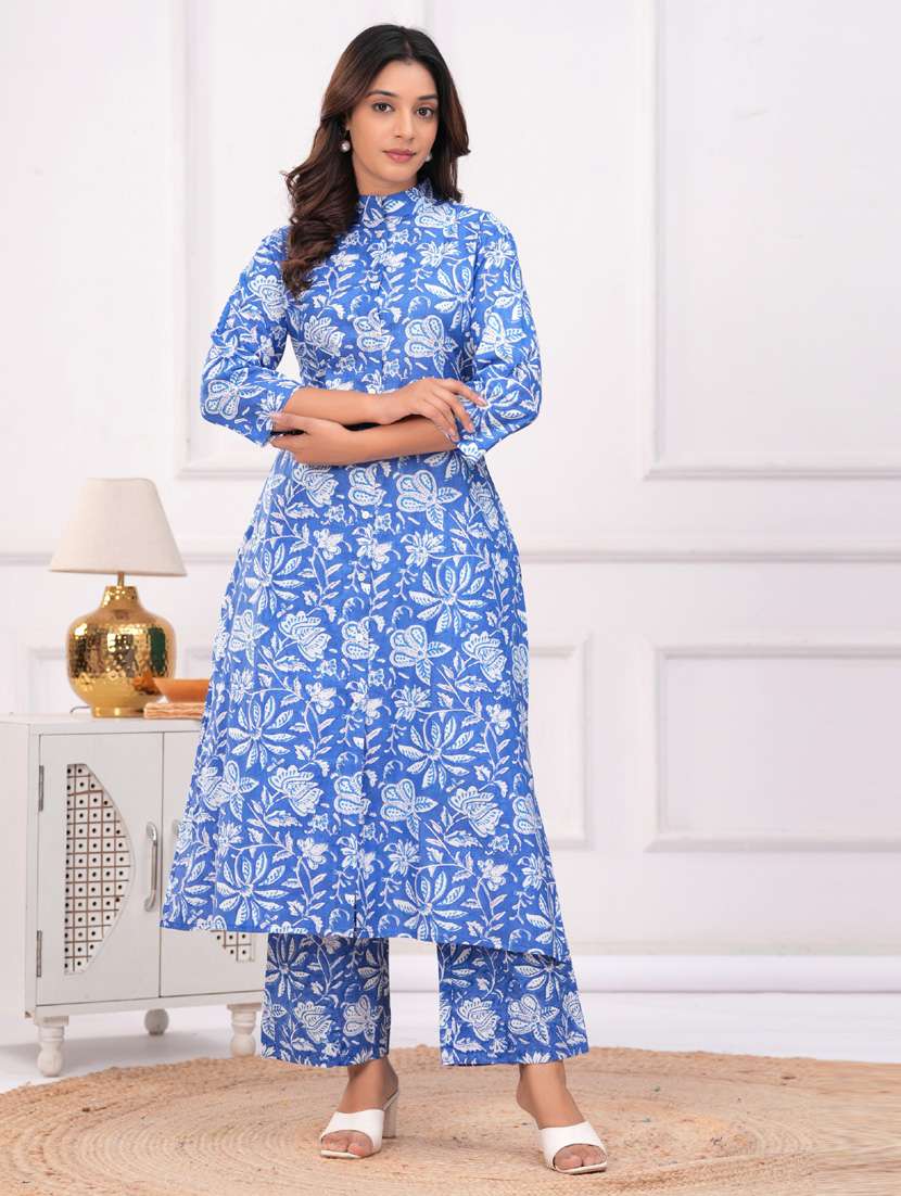 women blue three quarter sleeve kurta pant set