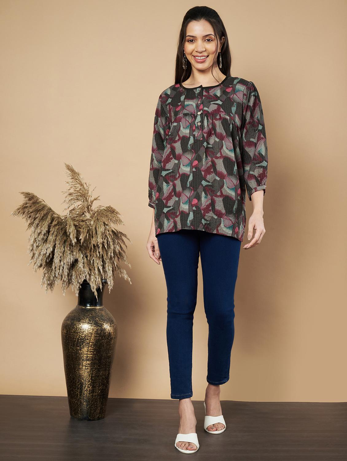 women printed puff sleeves a-line kurti - 21910109 - Standard Image - 6