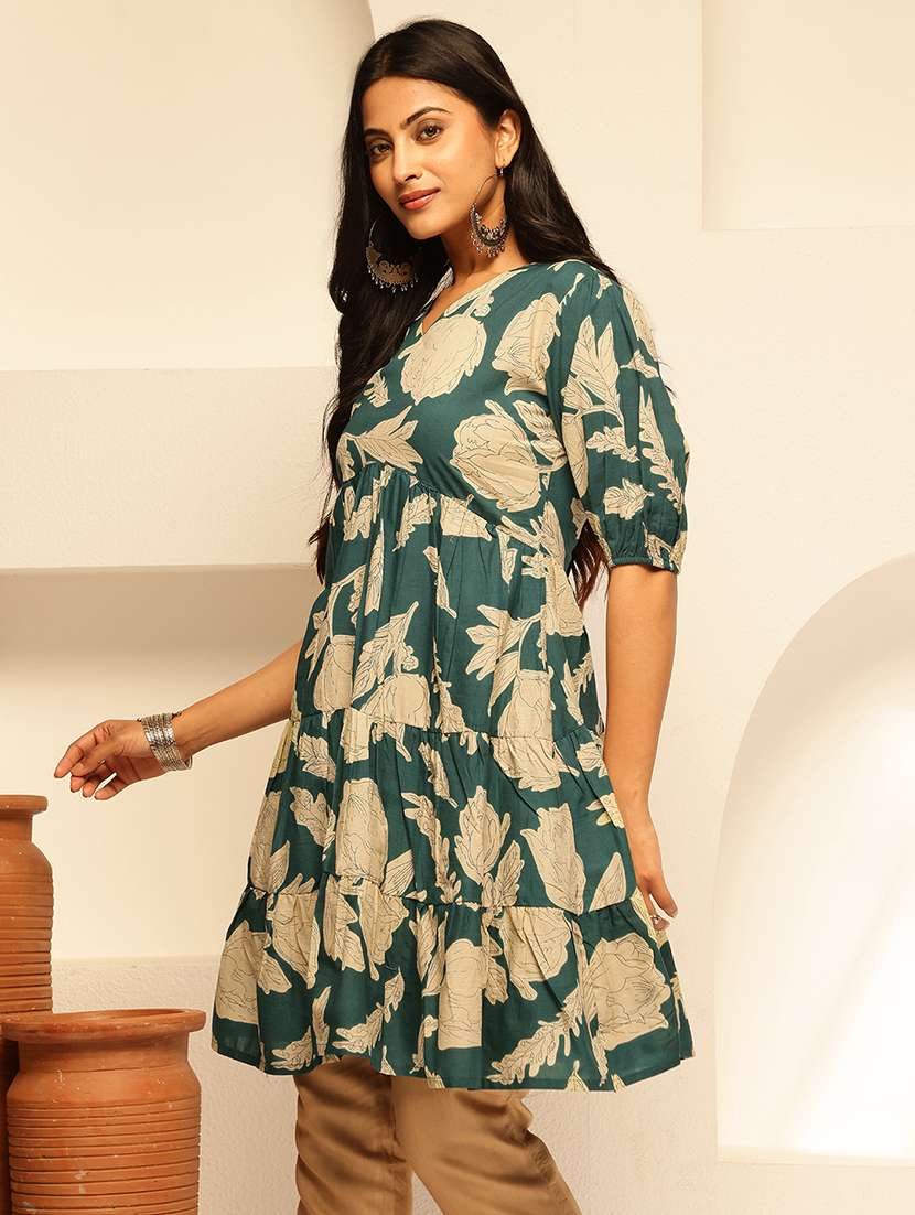 womne printed puff sleeves tiered kurti - 21910111 -  Standard Image - 1