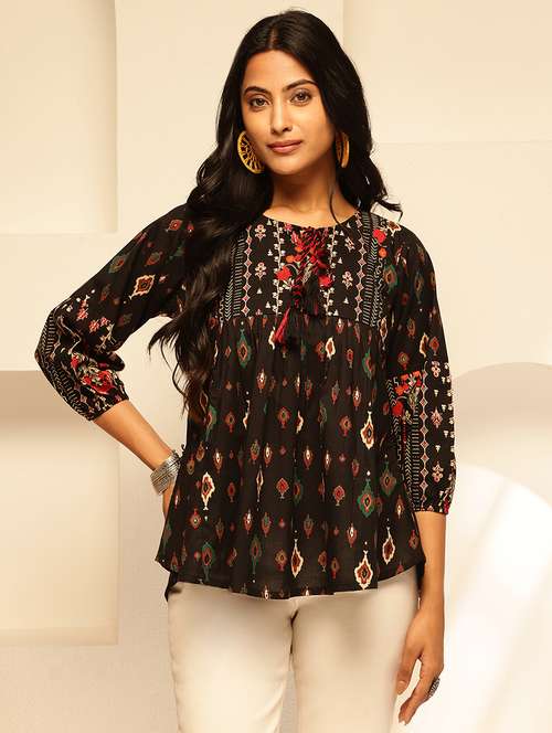 women printed tie-up neck a-line kurti - 21910120 -  Standard Image - 0