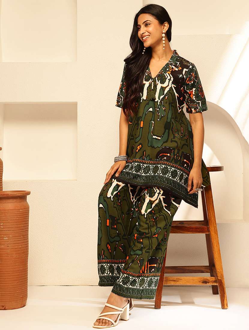 women printed short sleeve ethnic co-ord set