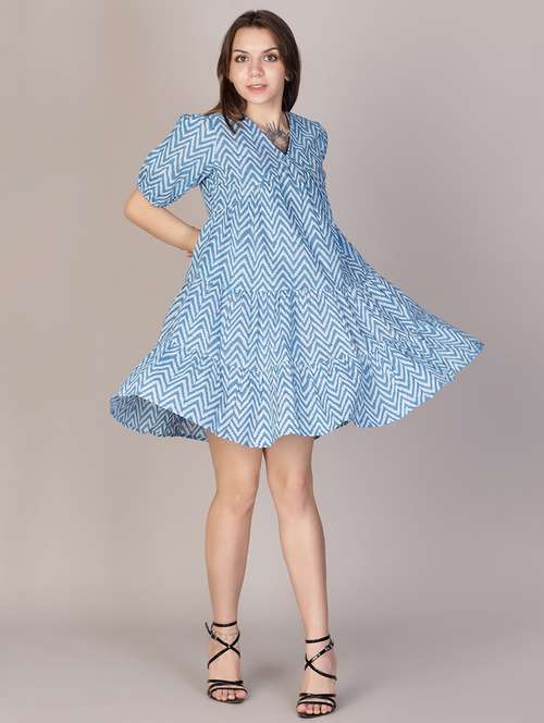 women blue printed puff sleeve tiered dress - 21910212 - Standard Image - 0