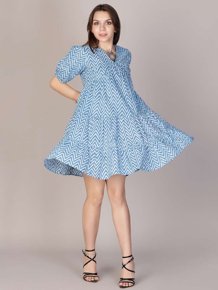 women blue printed puff sleeve tiered dress - 21910212 - Zoom Image - 0