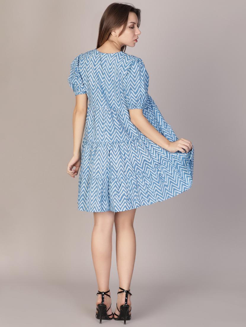women blue printed puff sleeve tiered dress - 21910212 - Standard Image - 4