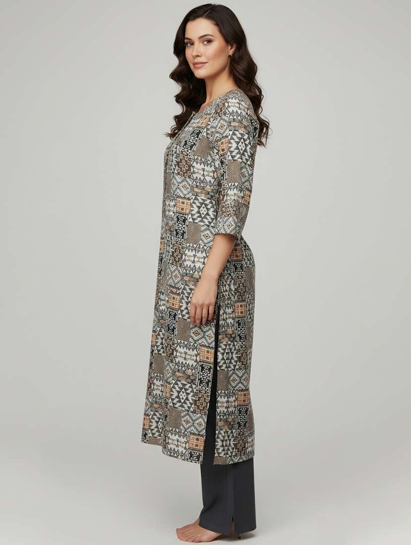 women printed three quarter sleeve straight kurta - 21910246 -  Standard Image - 1