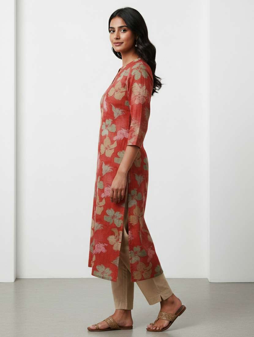 women floral mandarin collar straight kurta - 21910256 -  Standard Image - 1