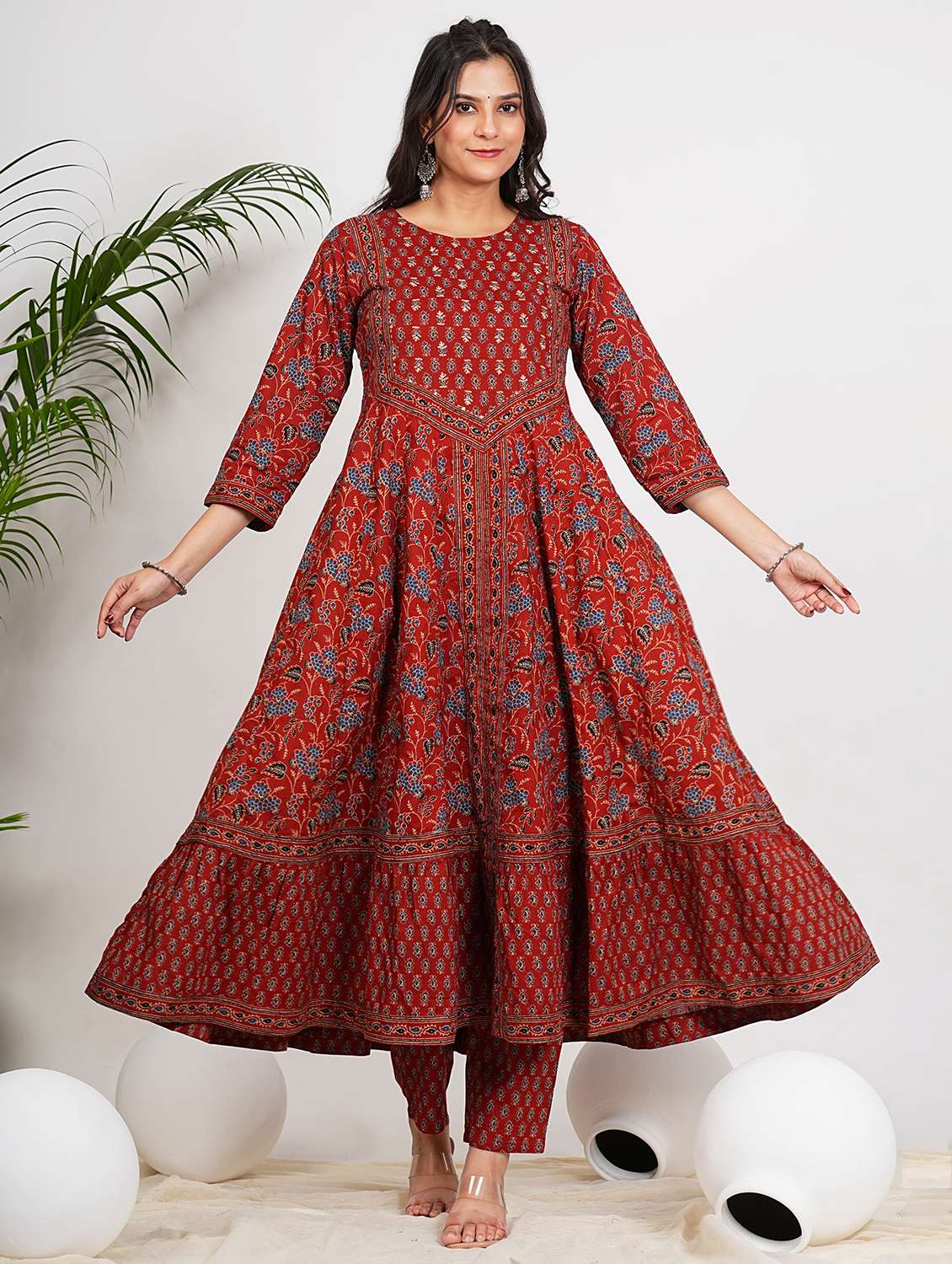 women three quarter sleeve anarkali kurta pant with dupatta set - 21910369 -  Standard Image - 1