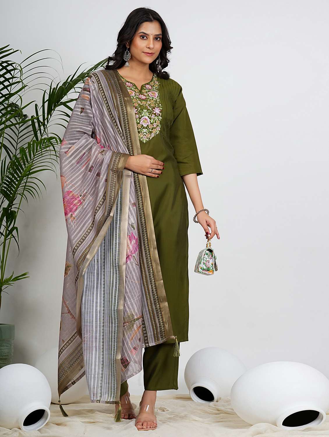 women three quarter sleeve kurta pant with dupatta set