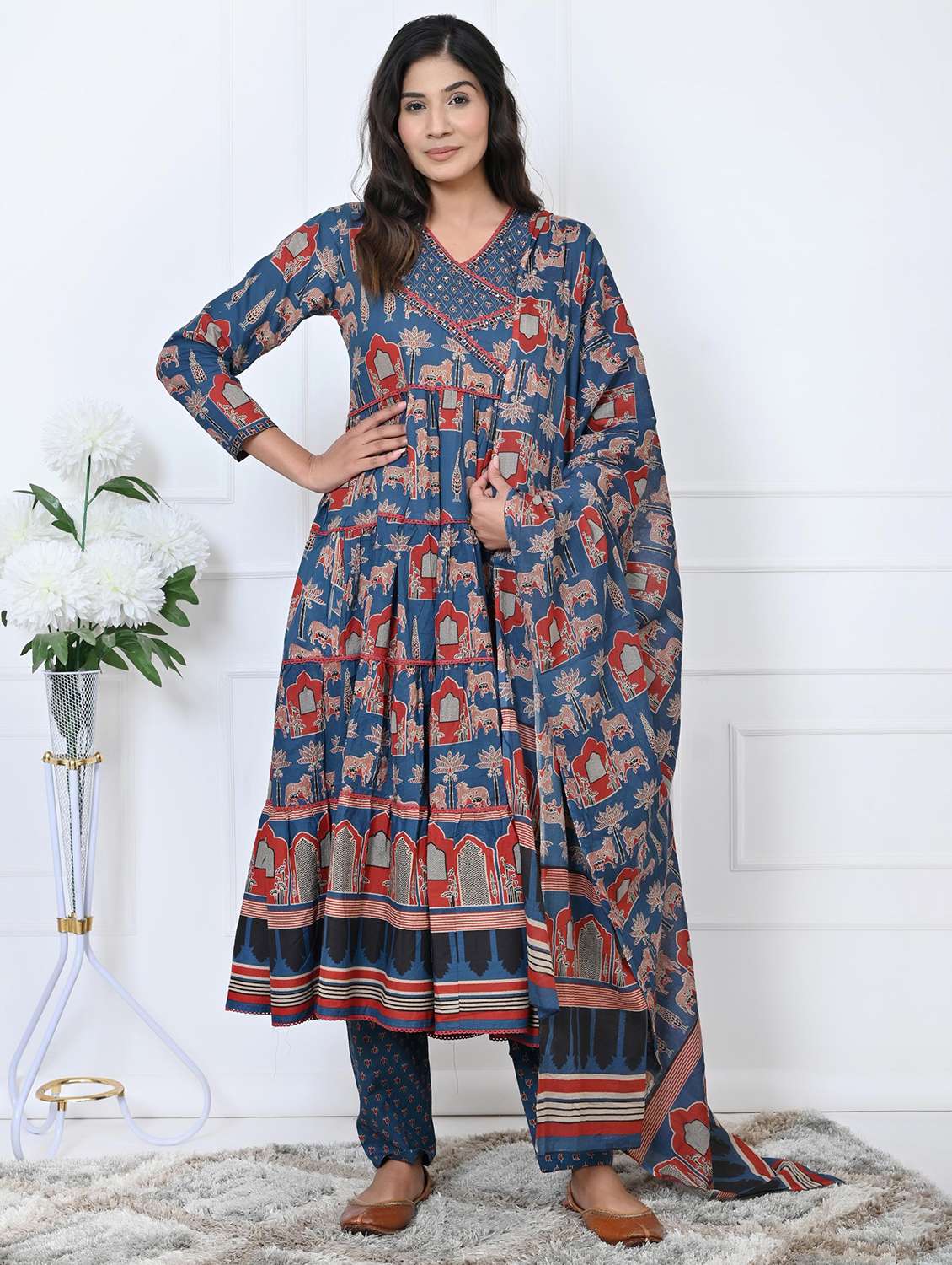 women long sleeve anarkali kurta pant with dupatta set