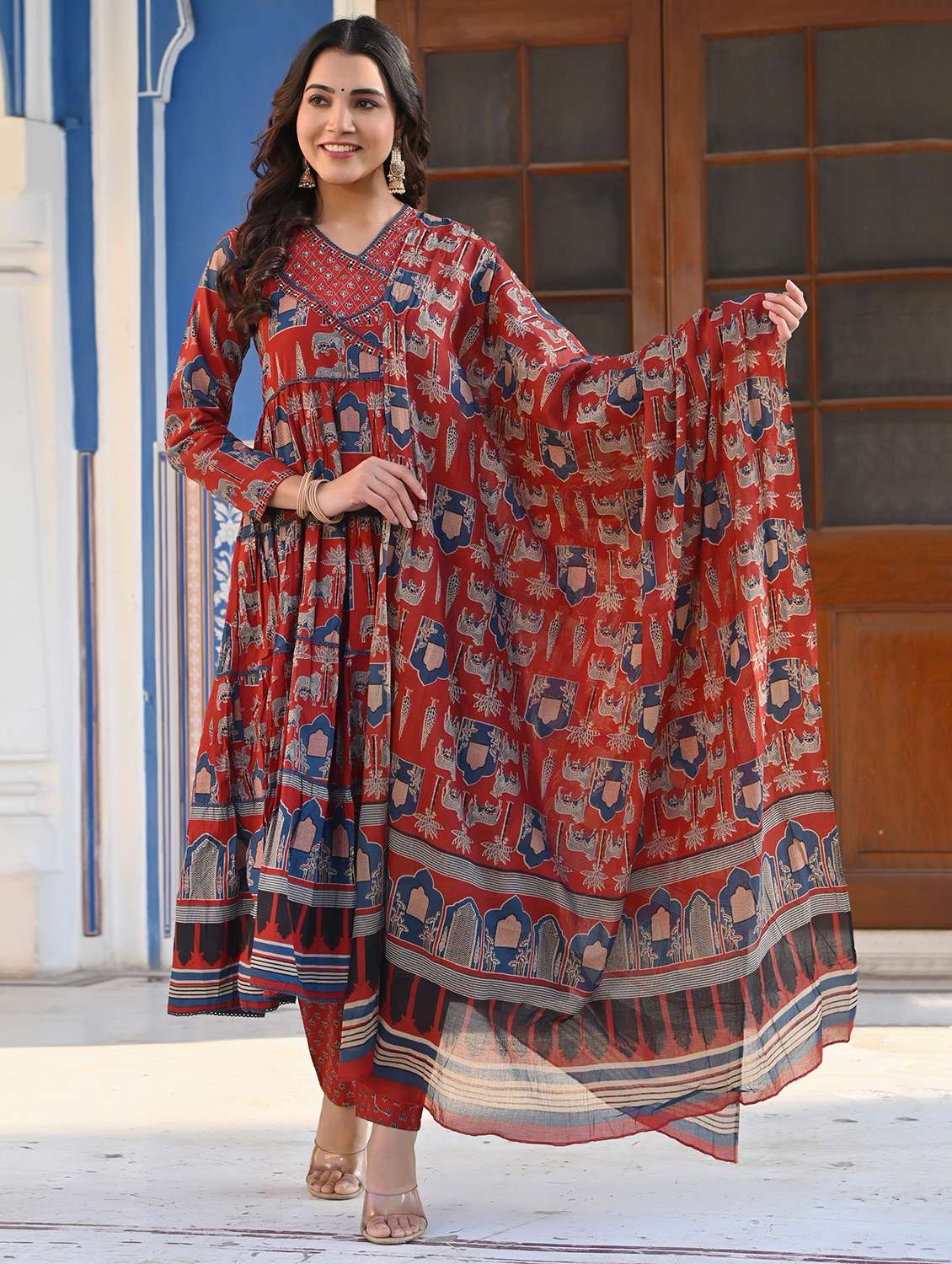 women long sleeve anarkali kurta pant with dupatta set - 21910377 -  Zoom Image - 0