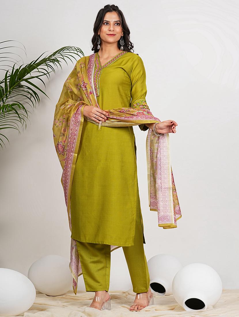 women three quarter sleeve kurta pant with dupatta set - 21910382 - Standard Image - 1