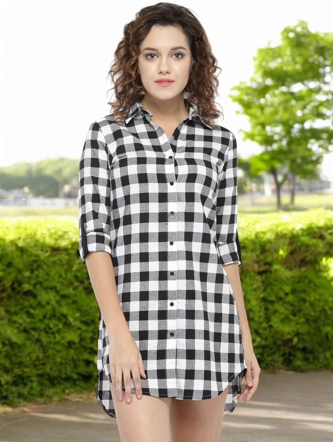 women checkered collared high low shirt dress - 21910383 - Zoom Image - 0