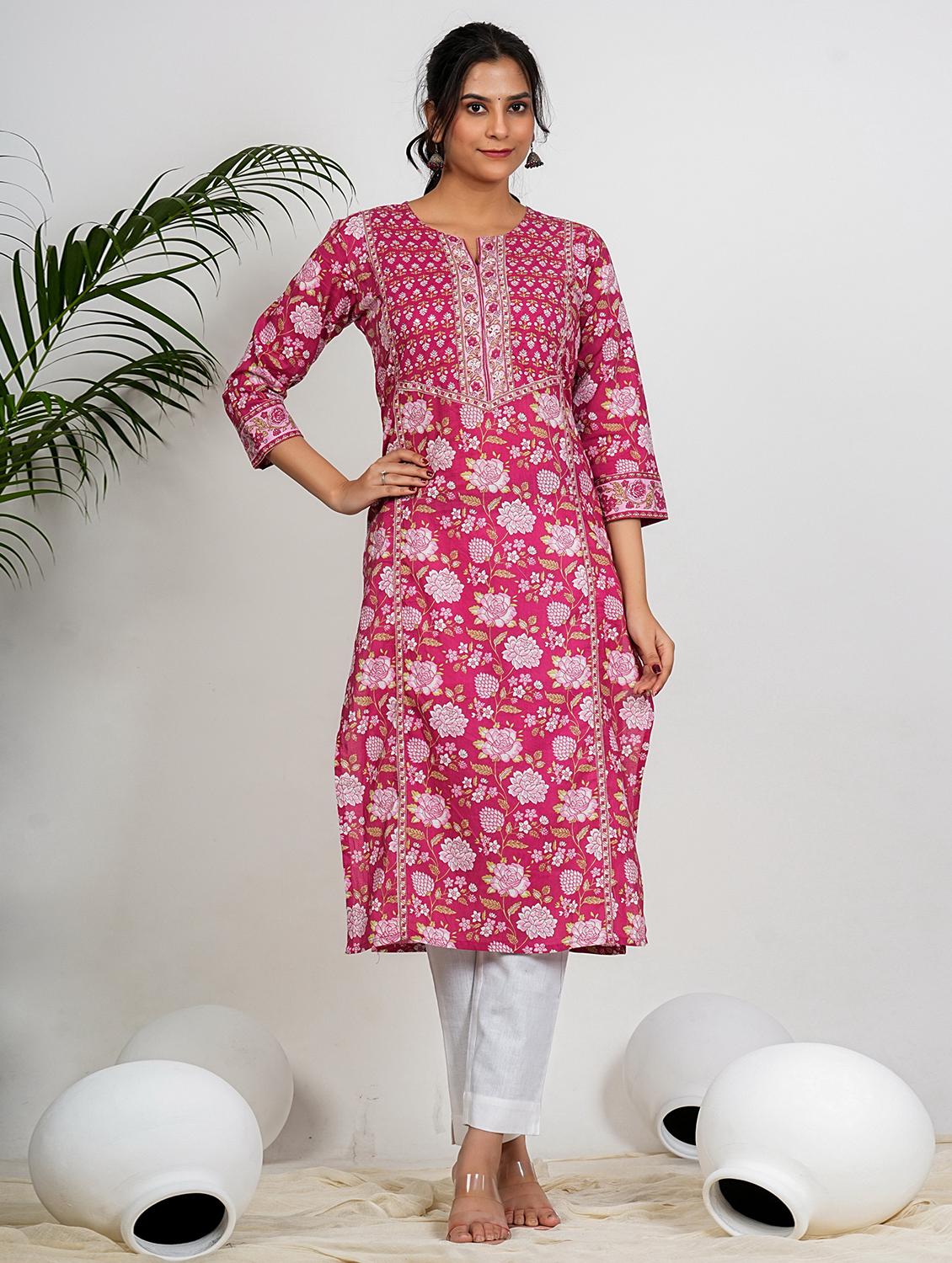 women floral printed three quarter sleeve straight kurta - 21910384 - Zoom Image - 0