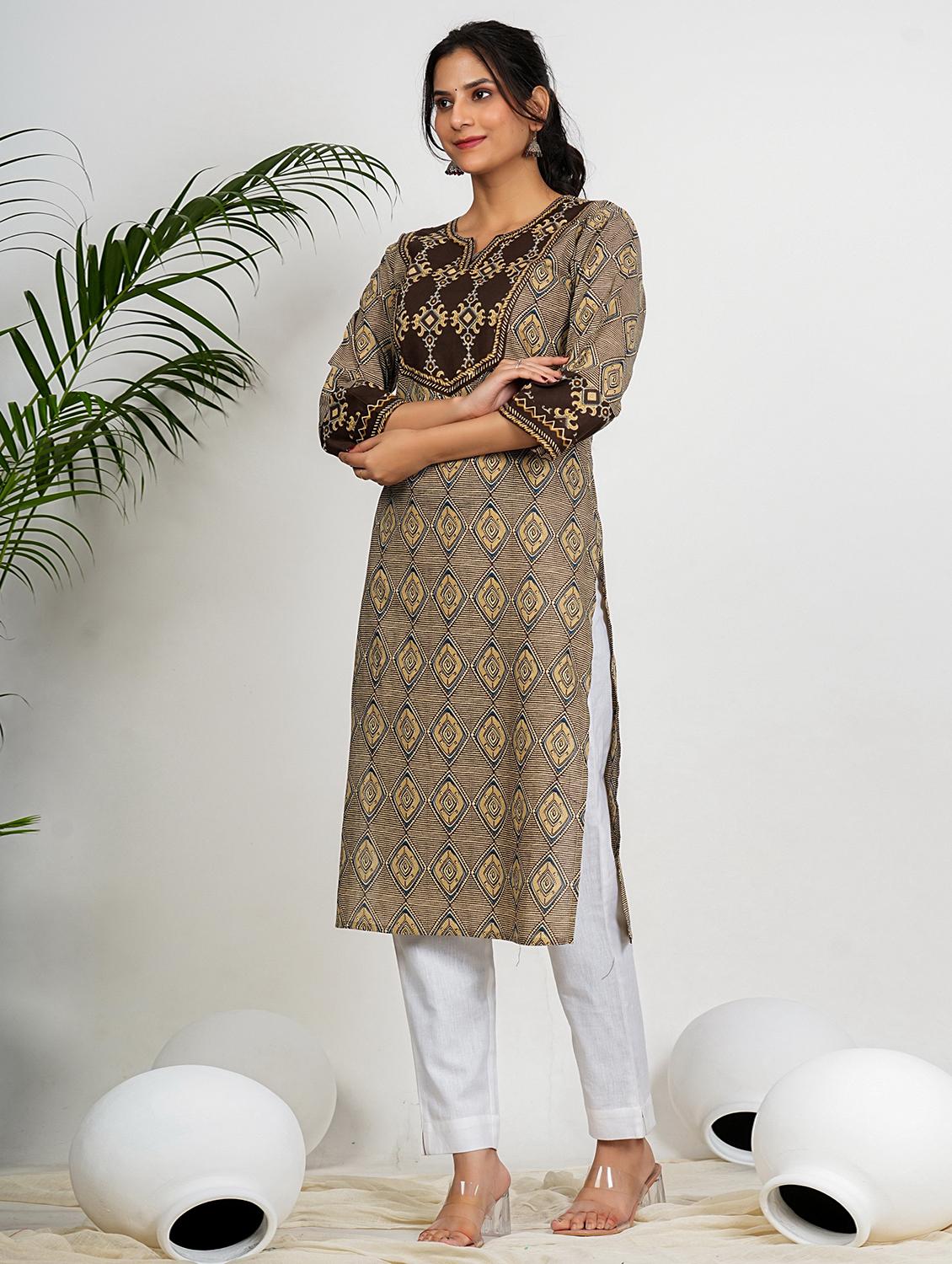 women printed three quarter sleeve straight kurta - 21910385 - Standard Image - 1