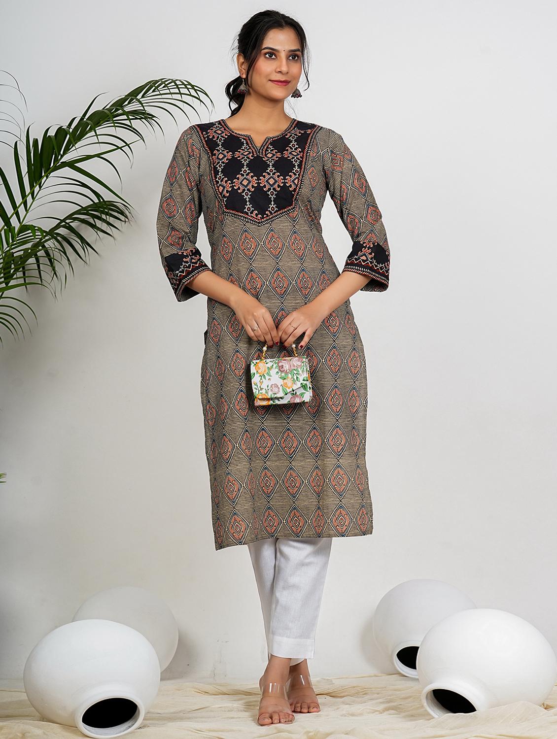 women printed three quarter sleeve straight kurta - 21910386 - Standard Image - 1
