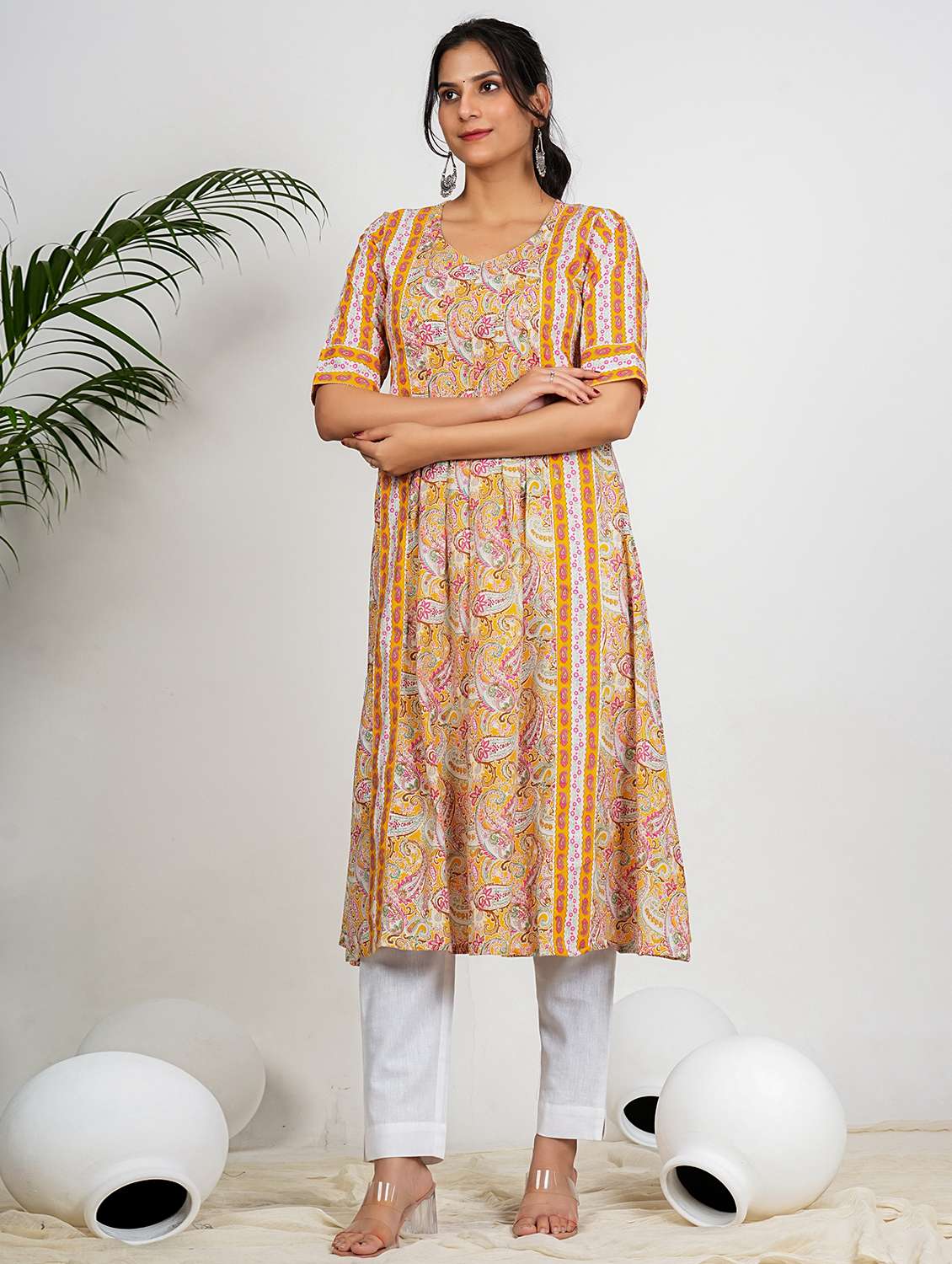 women paisley printed elbow sleeve a-line kurta - 21910400 - Standard Image - 1
