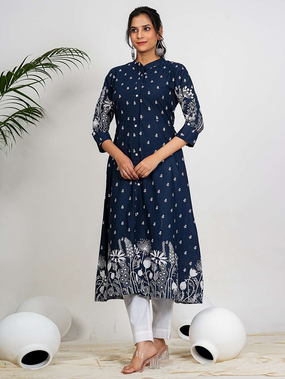 women printed three quarter sleeve a-line kurta - 21910402 -  Standard Image - 1