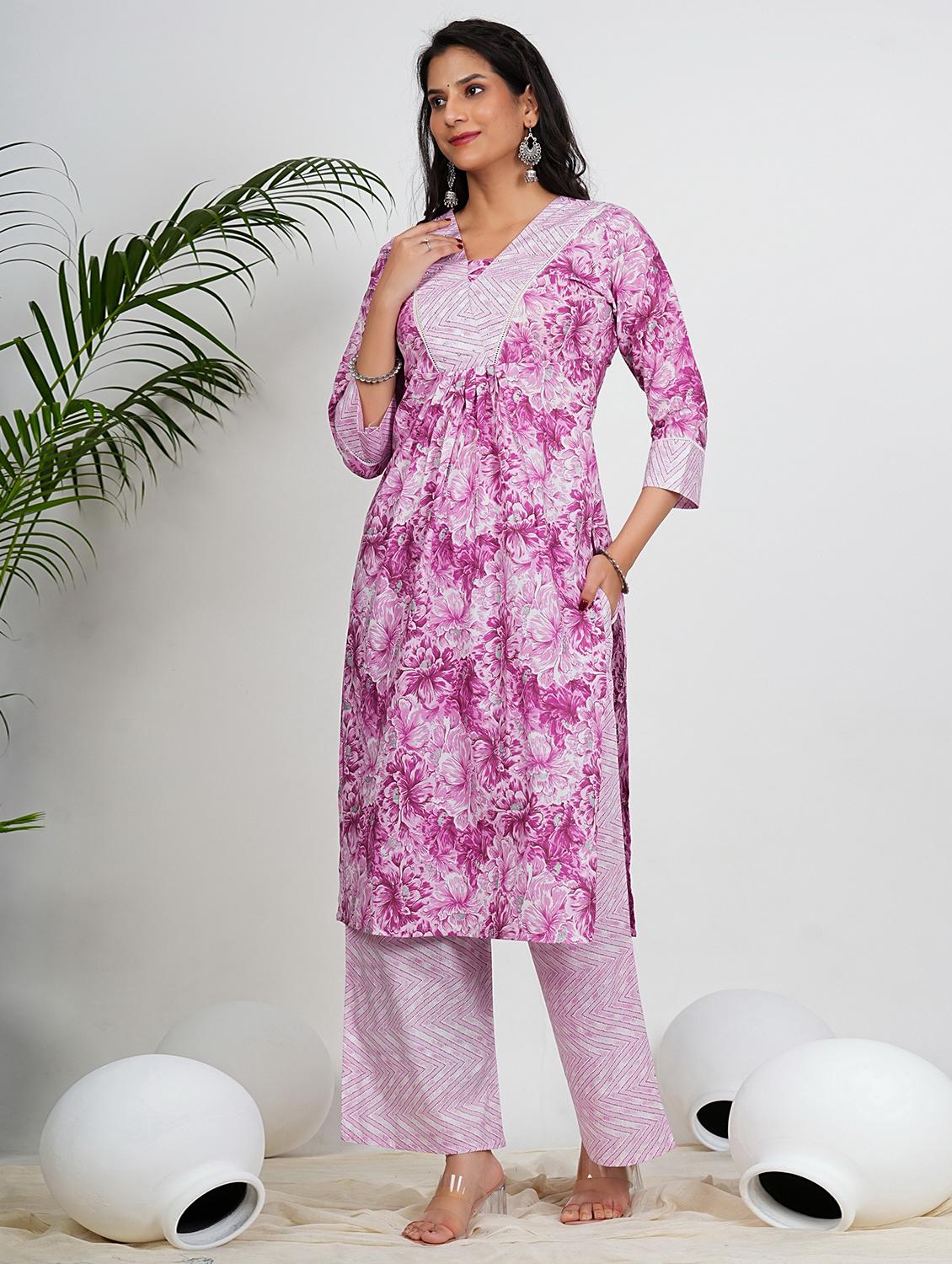 women floral three quarter sleeve kurta palazzo set - 21910413 - Standard Image - 1