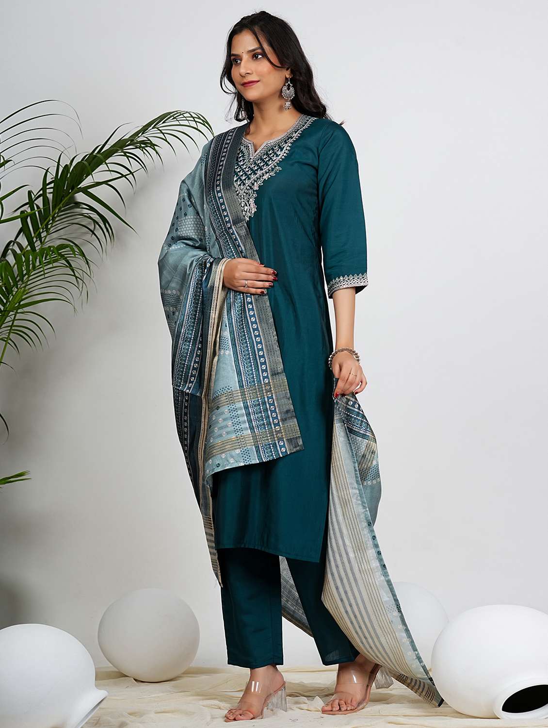 women teal three quarter sleeve kurta pant with dupatta set - 21910415 -  Standard Image - 1
