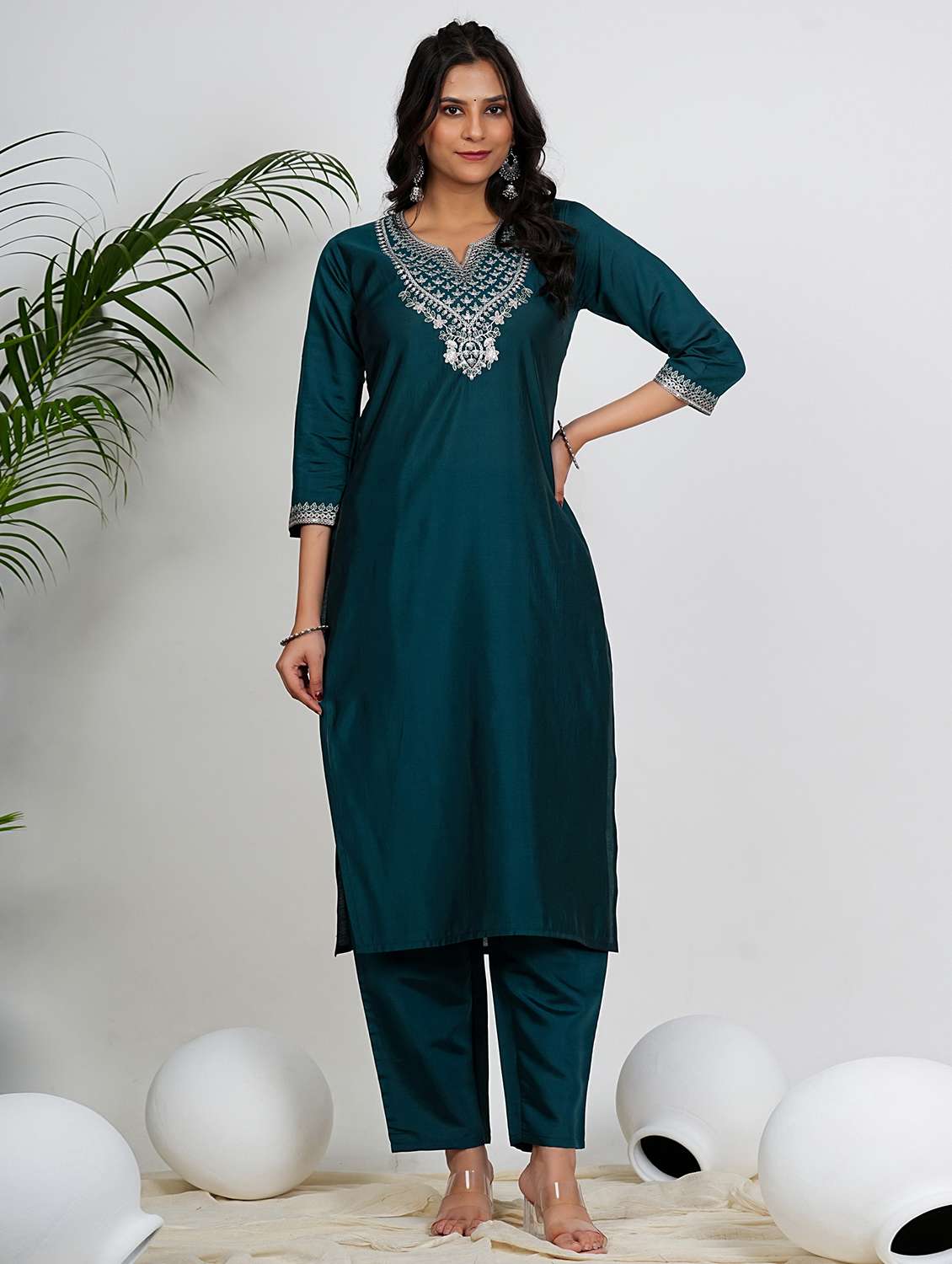 women teal three quarter sleeve kurta pant with dupatta set - 21910415 -  Standard Image - 4