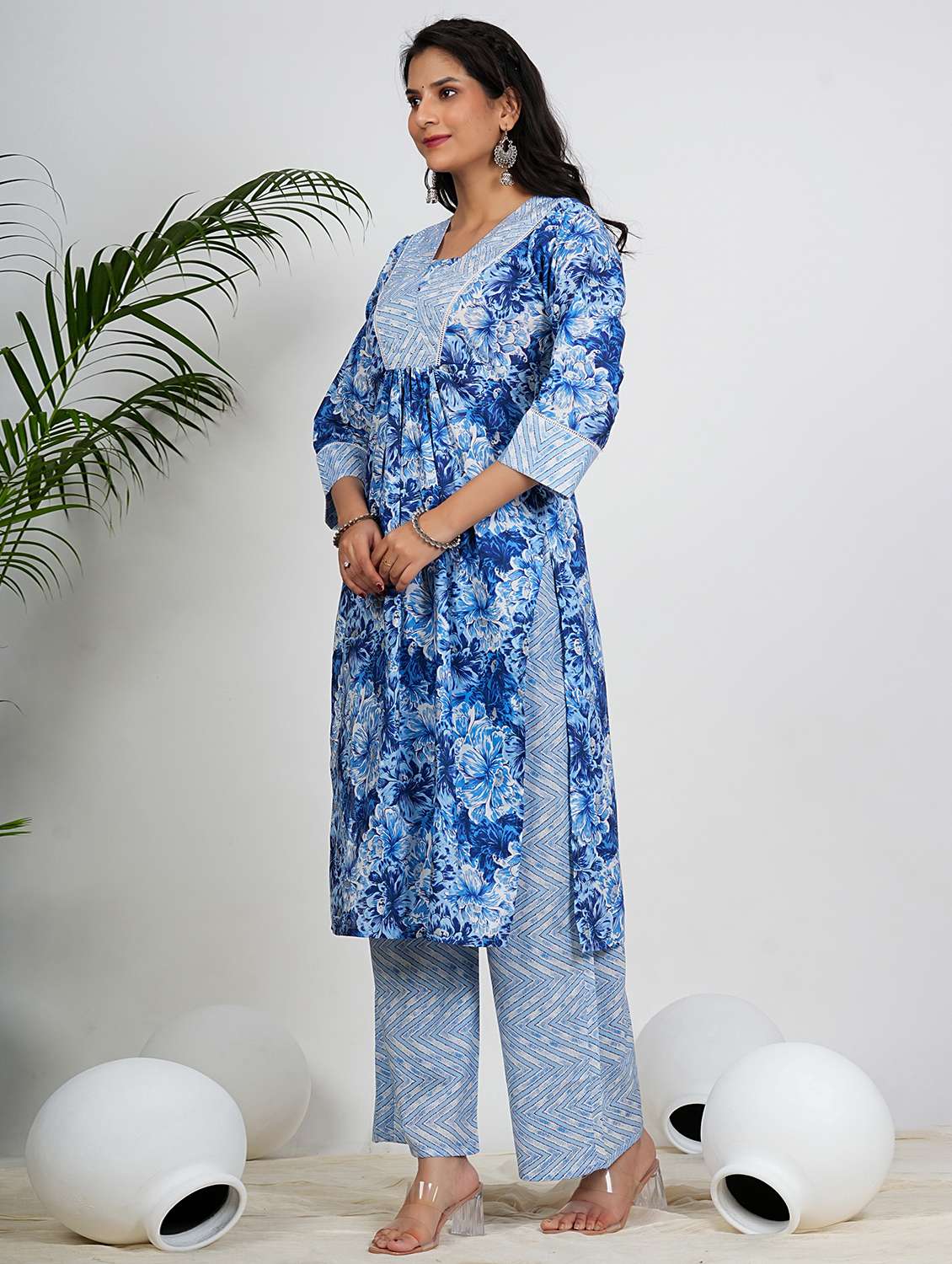 women blue three quarter sleeve kurta palazzo set - 21910417 -  Standard Image - 1